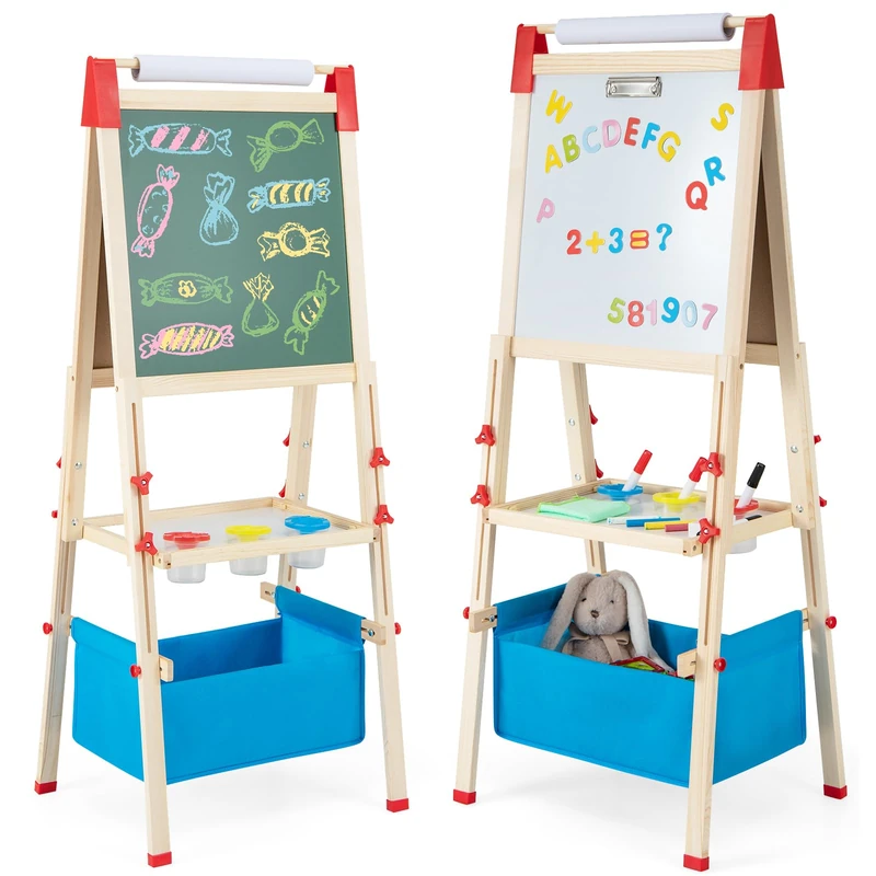 GYMAX Wooden Kids Easel, 3 in 1 Height Adjustable Art Easel with Whiteboard & Chalkboard, Paper Roll, Storage Bag and Accessories, Double Sided Drawing Easels for Toddlers (Blue, 44x40x102-126cm)