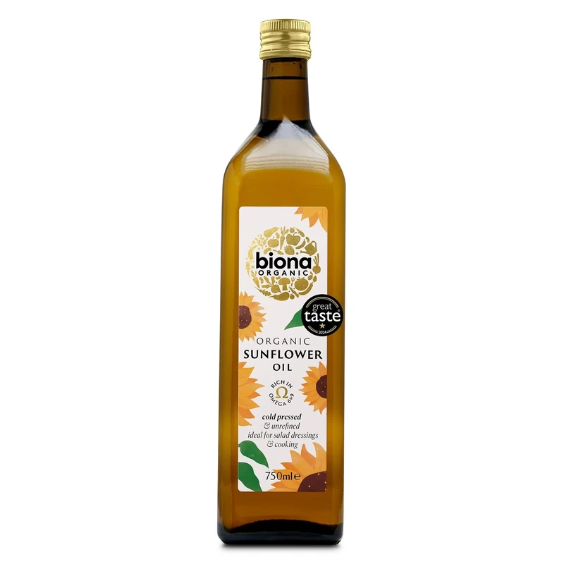 Biona Organic Sunflower Oil, 750ml - Great Taste Award 2024 Winner - Cold Pressed & Unrefined - From Organic Sunflower Seeds - Nutty & Golden - For Dressings & Low Temperature Cooking