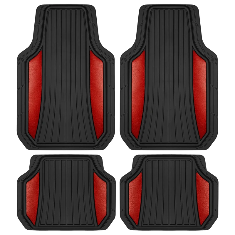 Motor Trend ChromeTech Car Floor Mats Full Set - Durable Rubber Floor Mats for Cars with Two Tone Accent, All Weather Interior Protection for Front and Rear with Non-Slip Backing, Red Chrome