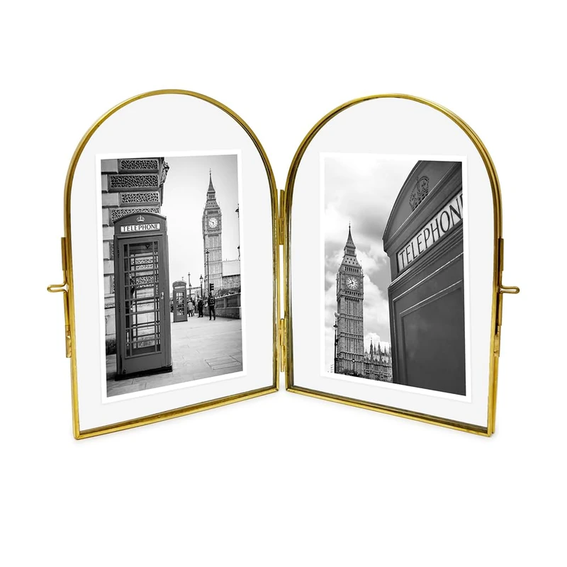 Isaac Jacobs 4x6 Vintage Style, Double-Sided Arched Brass & Glass Metal Floating Picture Frame with Locket Closure (Vertical), Made for Tabletop Display (4x6 Vertical, Antique Gold)