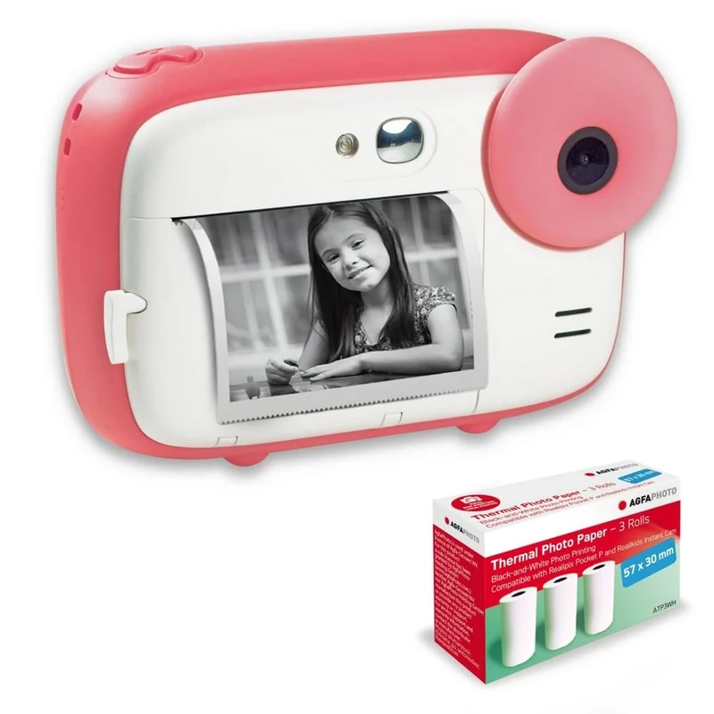 AGFA PHOTO Pack Realikids Instant Cam + 3 rouleaux Papier Thermique ATP3WH supplémentaires - Appareil Photo Instantané Enfant, Ecran LCD 2,4', Batterie Lithium, Miroir Selfie et filtre photo - Rose