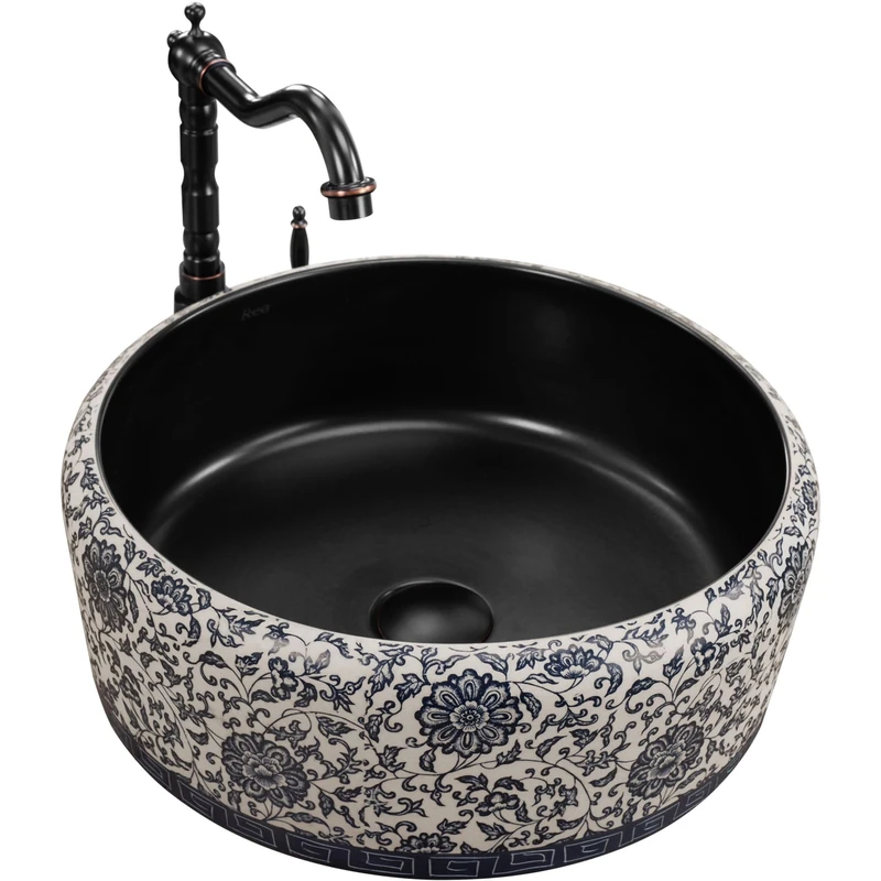 Rea Bathroom Sink Made of Ceramic Florisa Black Matt - Black matt/Pattern - REA-U3307