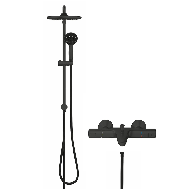 GROHE Precision Start – Black Thermostatic Bath Mixer with Automatic Bath/Shower Diverter (Wall-Mounted, EcoButton Water-Saving Technology, Safety Button at 38°C), Matt Black, 345982433