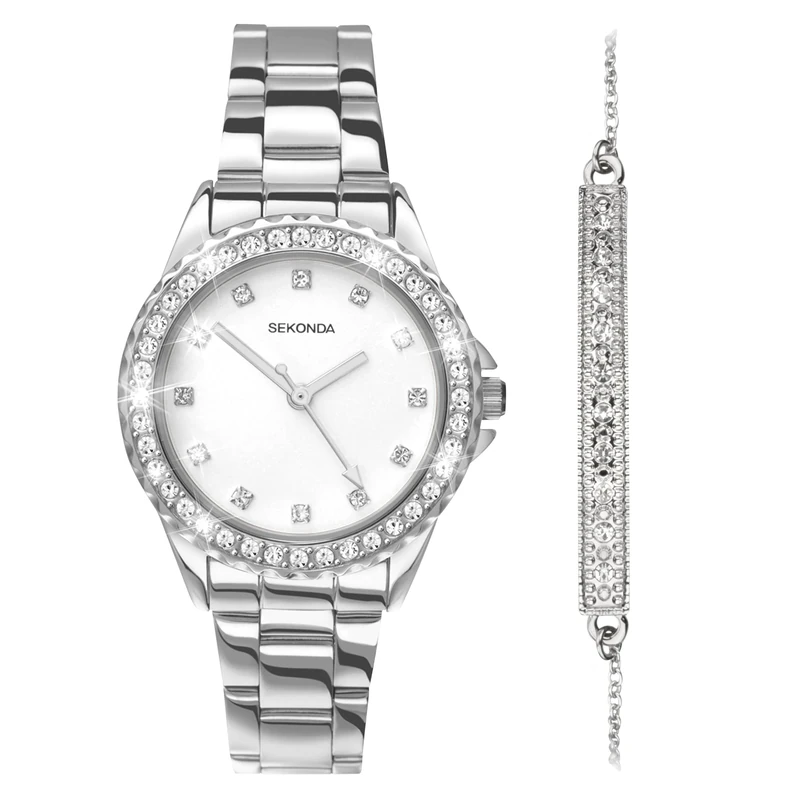Sekonda Elizabeth Gift Set Silver Bracelet White Dial Silver Bracelet Women's Quartz Watch 33mm with Stone Set Case