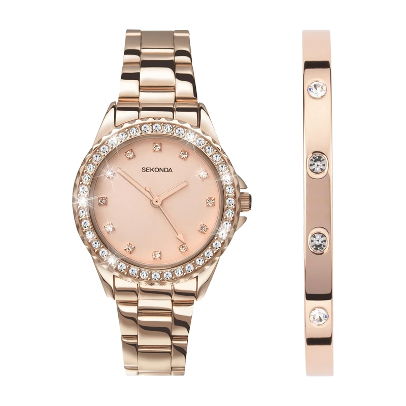 Sekonda Elizabeth Gift Set Rose Gold Bracelet Pink Dial Rose Gold Bangle Women's Quartz Watch 33mm with Stone Set Case, Analogue Display and Stainless Steel Bracelet