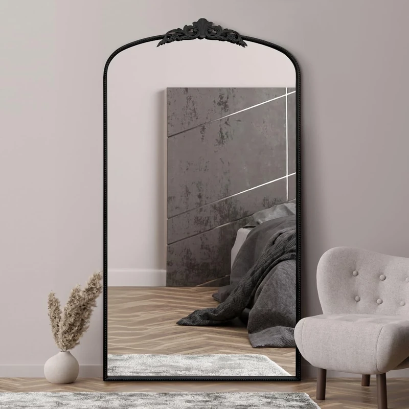 MirrorOutlet The Crown - Black Metal Framed Classic Arched Wall Mirror with Feature Crown 68" X 38" (174CM X 96CM) Black. 2cm Wide Frame and 3cm Deep.