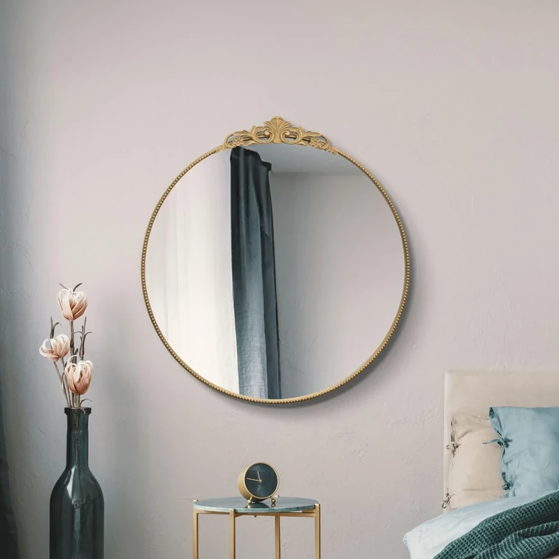 MirrorOutlet The Crown - Solid Gold Metal Framed Decorative Classic Round Circular Wall Mirror 39" X 39" (100CM X 100CM) Silver Mirror Glass Ready to Hang.…