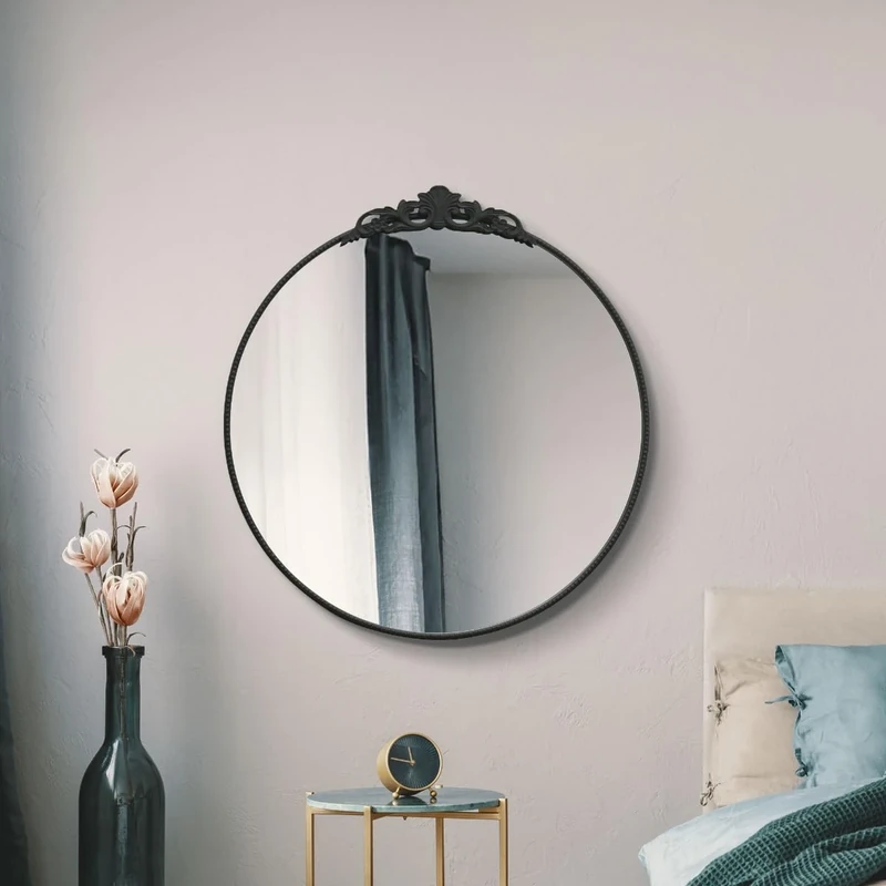 MirrorOutlet The Crown - Solid Black Metal Framed Decorative Classic Round Circular Wall Mirror 39" X 39" (100CM X 100CM) Silver Mirror Glass Ready to Hang.