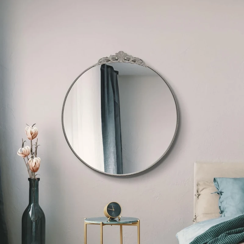 MirrorOutlet The Crown - Solid Silver Metal Framed Decorative Classic Round Circular Wall Mirror 39" X 39" (100CM X 100CM) Silver Mirror Glass Ready to Hang.…