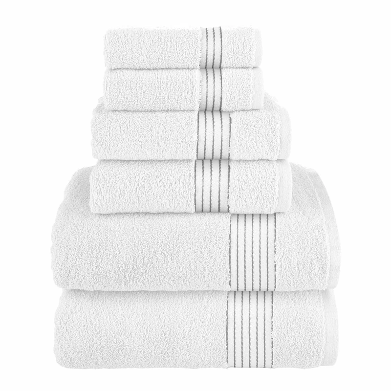 Elegant Comfort Premium Cotton 6-Piece Towel Set, Includes 2 Washcloths, 2 Hand Towels and 2 Bath Towels, 100% Turkish Cotton - Highly Absorbent and Super Soft Towels for Bathroom, White/Gray