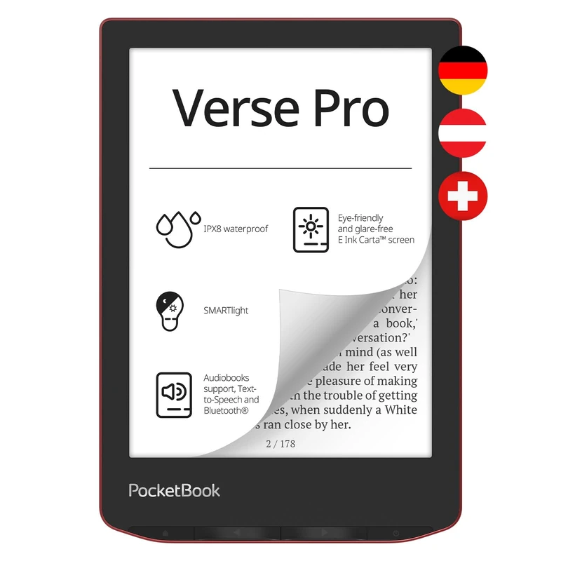 Pocketbook Verse Pro eReader, Red, 16 GB Memory, Audiobook Reading, Wireless, 6 Inches, German Version