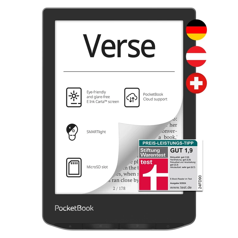 PocketBook E-Book Reader Verse (German Version) Memory 8 GB (Expandable) E-Ink Display Carta 15.2 cm (6") Mist Grey