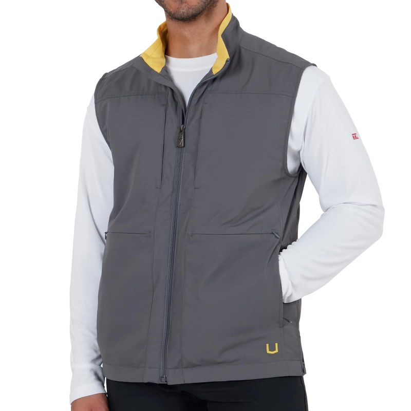 SCOTTeVEST Best Travel Vest for Men - 26 Hidden Pockets - Water Repellent for Travel & More, Fossil Gray/Mustard, Large