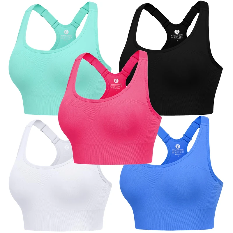 Evercute Adjustable Sports Bras for Women 3/4 Pack Racerback High Support Bras Padded Workout Bras Seamless Yoga Athletic Bra, Black-White-Blue-red-Mint Green 5 Pack, M - Image 1