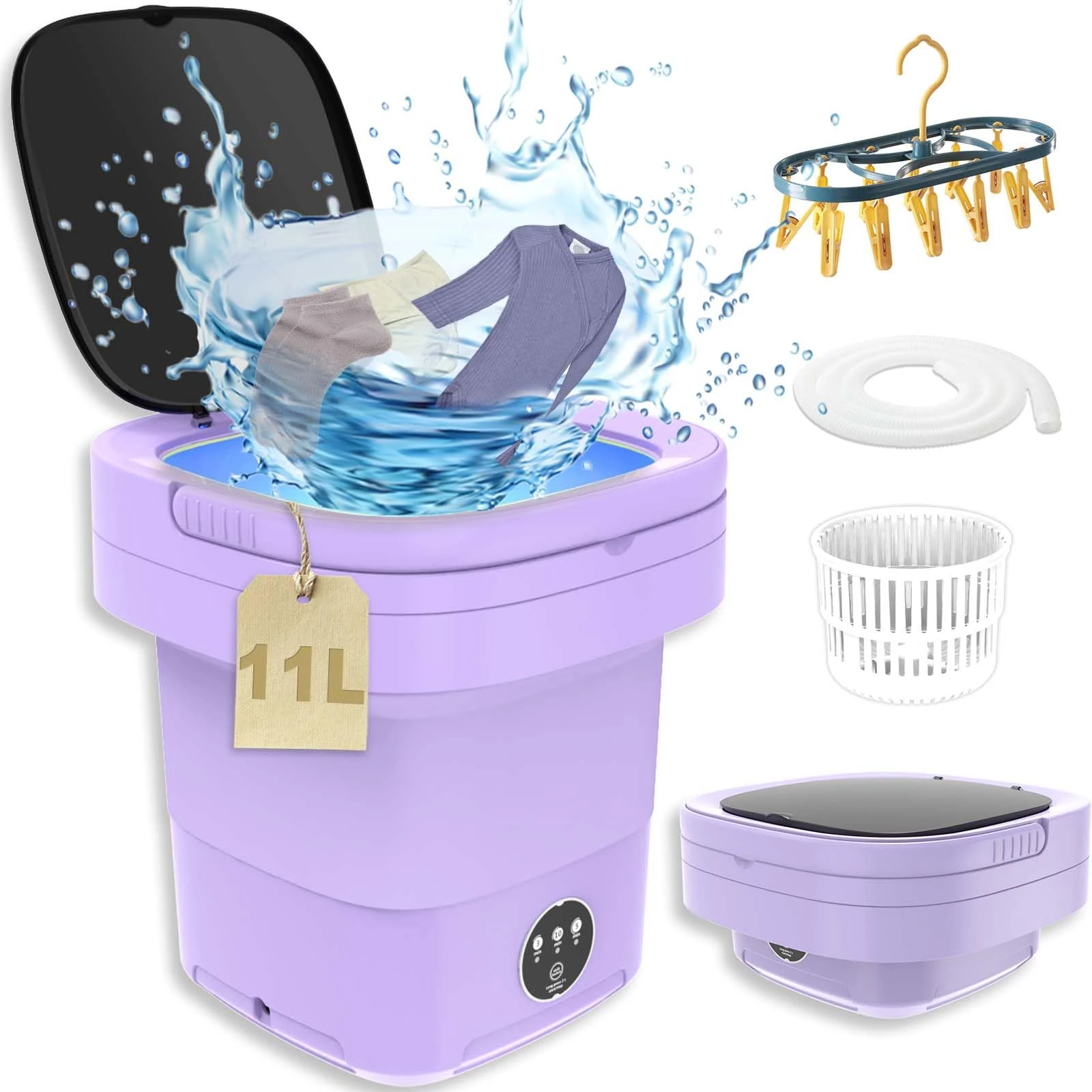 OMCCHK Portable Washing Machine, 2 in 1 Mini Foldable Washer with Drain Basket washer, 9L Large Intelligent Laundry Machine for Baby Clothes, Underwear, Apartment, Camping, RV, Gift, Travel, Purple