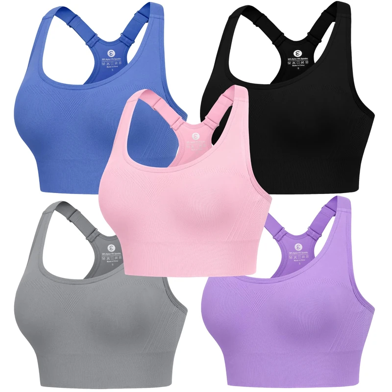 Evercute Sports Bras for Women Adjustable Racerback Bras Set High Support Padded Workout Bras Seamless Yoga Athletic Bras, Black-Gray-Pink-Lavender-Navy Blue 5 Pack, M