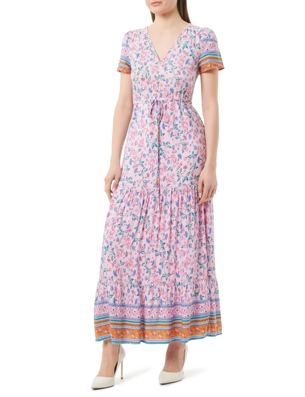 usha FESTIVAL Women's Floral Print Maxi Dress, Pink Multi-Coloured, S