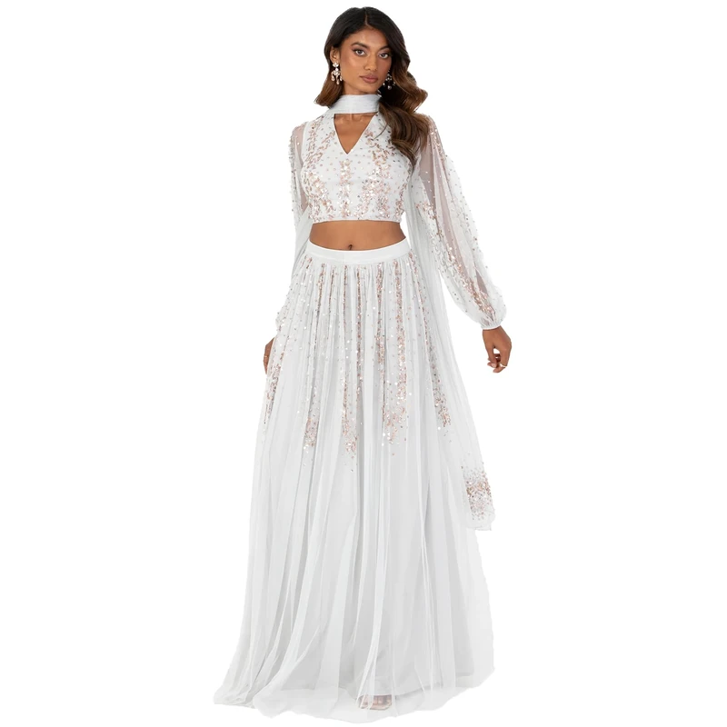 Maya Deluxe Indian Traditional Dress for Women Outfit Lengha Choli Lehenga Saree Skirt and Top Dupatta Coord Set for Wedding Guest Grey Gold Seqiuns Sequins Size 12