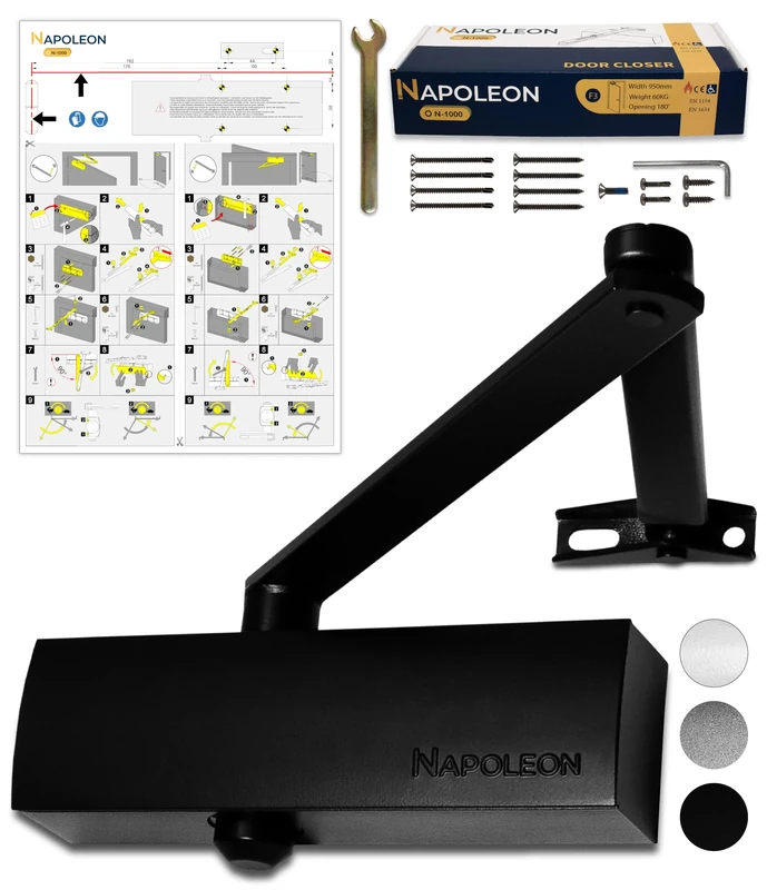 NAPOLEON N-1000 Robust Automatic Door Closer - EN1154/EN1634 Standards - Commercial & Residential - Door from 20Kg to 60Kg Size 3 - Drilling Template - Easy and Quick Installation (Black)