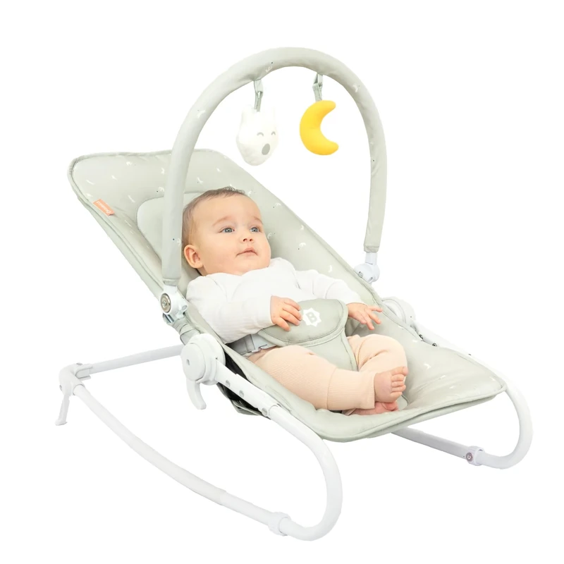 Badabulle Folding Baby Bouncer Chair Lichen - Adjustable Padded Backrest - Fixed or Rocker - 3-point safety harness - Detachable play arch - Removable cover