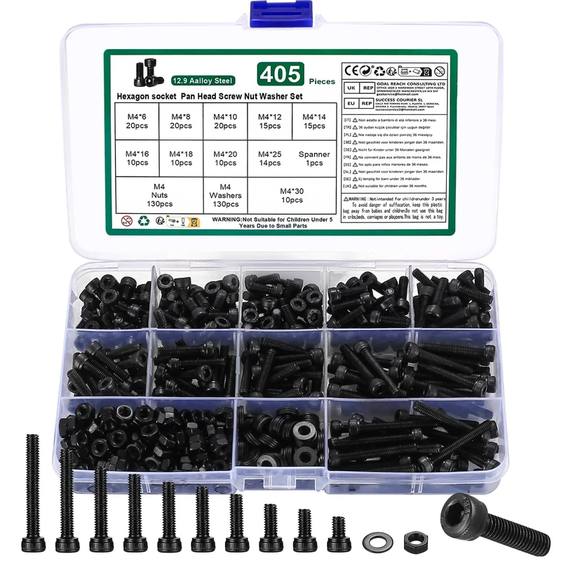 M4 Nuts and Bolts Set, 405 Pcs Hexagon Socket Head Cap, Hex Socket Cap Head Screws, Black Machine Screw Bolts and Nuts and Flat Washers Assortment Kit, for DIY Bicycle Motorcycle Repair