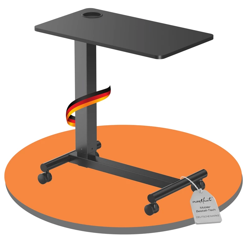 PureMounts Mobile Side Table Height Adjustable, Height Adjustable 71.2 cm to 106.2 cm, Maximum Load 7 kg, Lockable Wheels, Integrated Drink Holder, Black