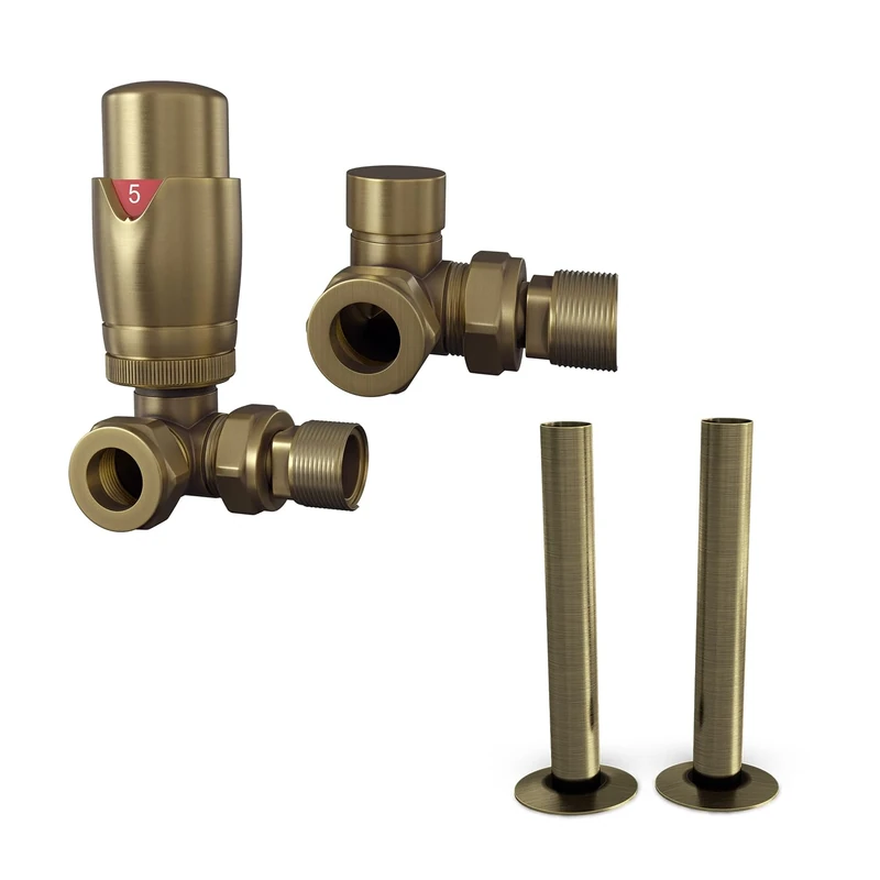 UK Radiators Thermostatic Valve + 130mm Sleeves - Antique Brass