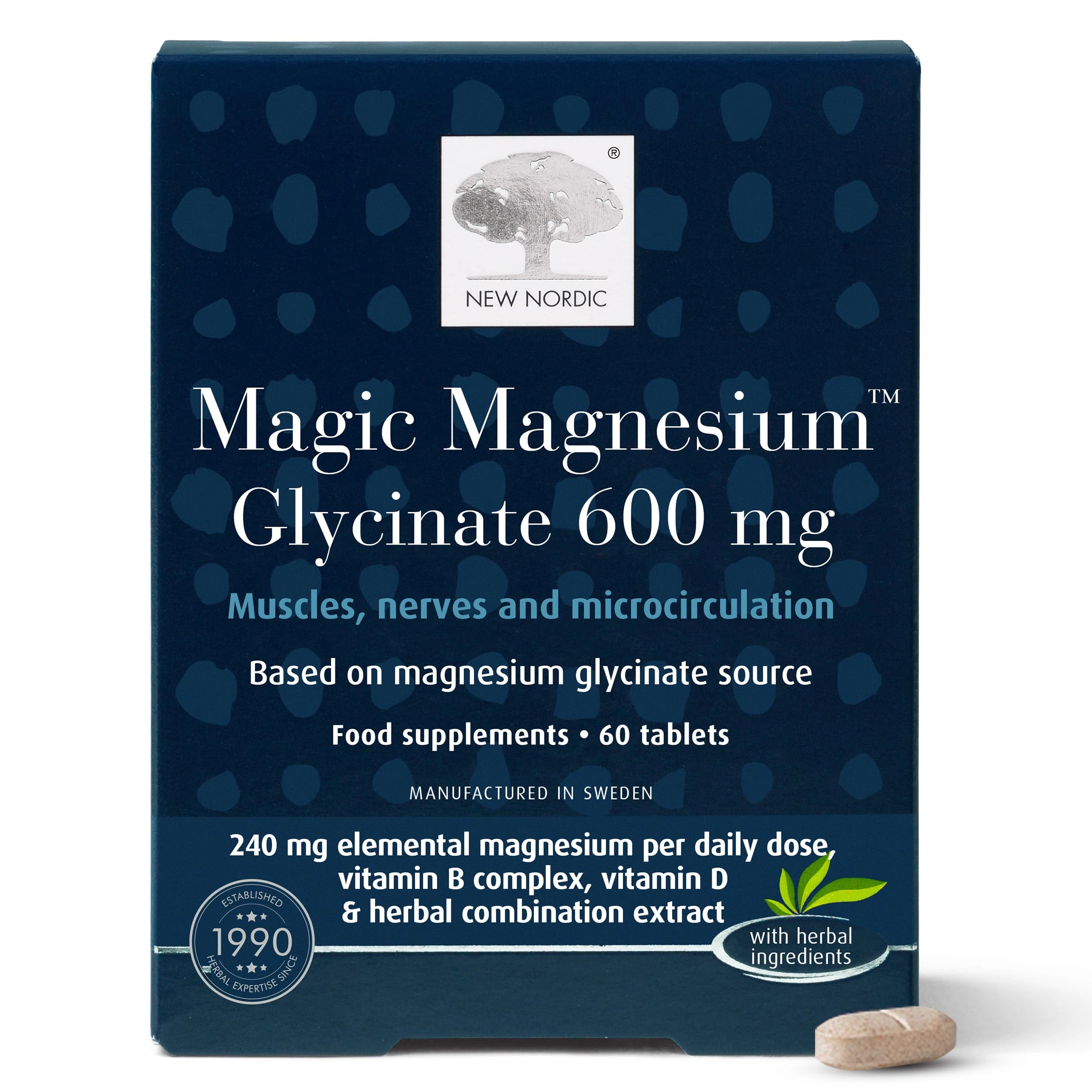 New Nordic Magnesium Glycinate, 600 mg Extra Strength, Sleep & Muscle Support for Women & Men, Pine Bark & Long Pepper Extract, 60 Tablets (Pack of 1)