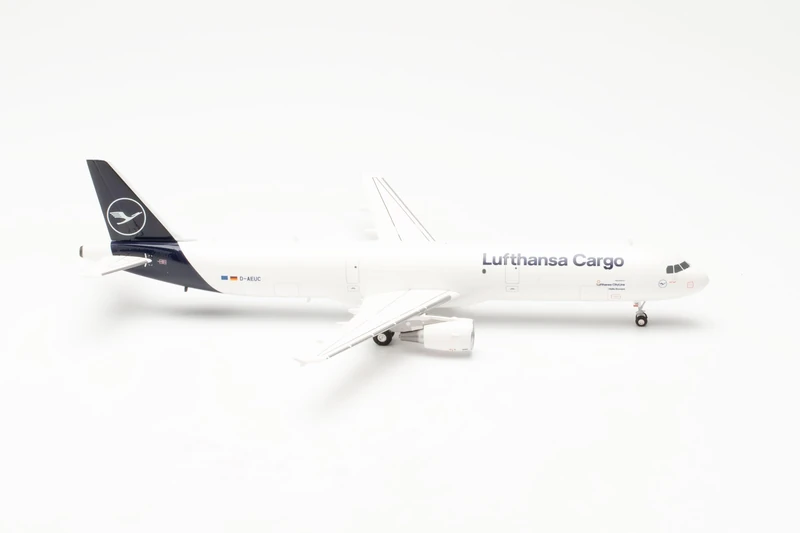Herpa airplane model Lufthansa Cargo Airbus A321P2F –D-AEUC "Hello Europe" on a scale of 1 : 200, plastic miniature with pedastal, model building, collectors edition