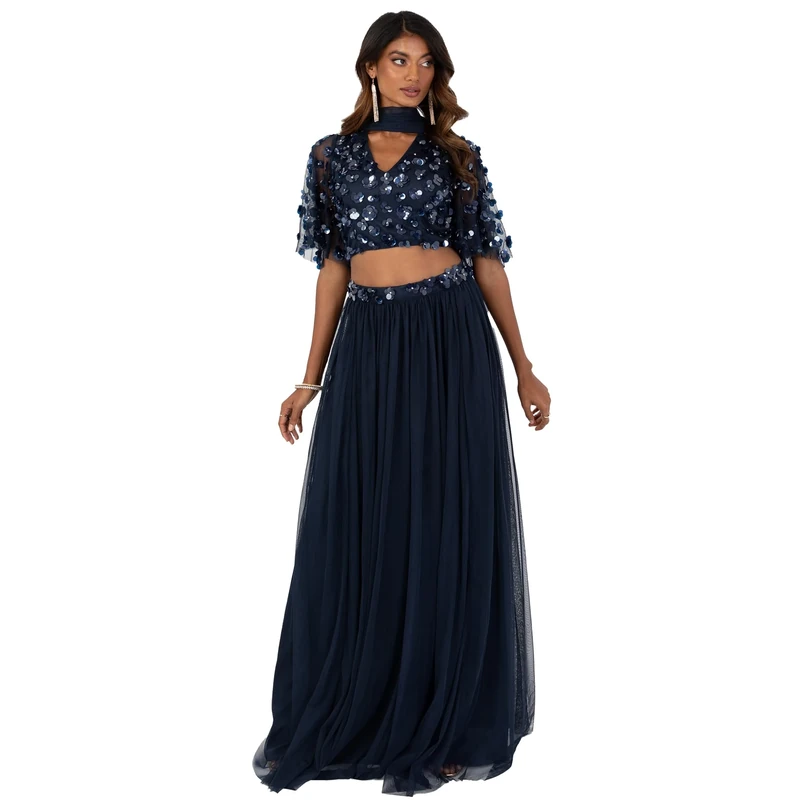 Maya Deluxe Indian Traditional Dress for Women Outfit Lengha Choli Lehenga Saree Skirt and Top Dupatta Coord Set for Wedding Guest Lengha, Navy Sequins, 14