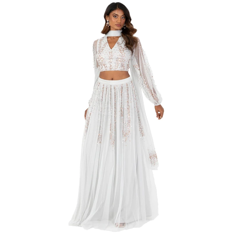 Maya Deluxe Indian Traditional Dress for Women Outfit Lengha Choli Lehenga Saree Skirt and Top Dupatta Coord Set for Wedding Guest Grey Gold Seqiuns Sequins Size 16
