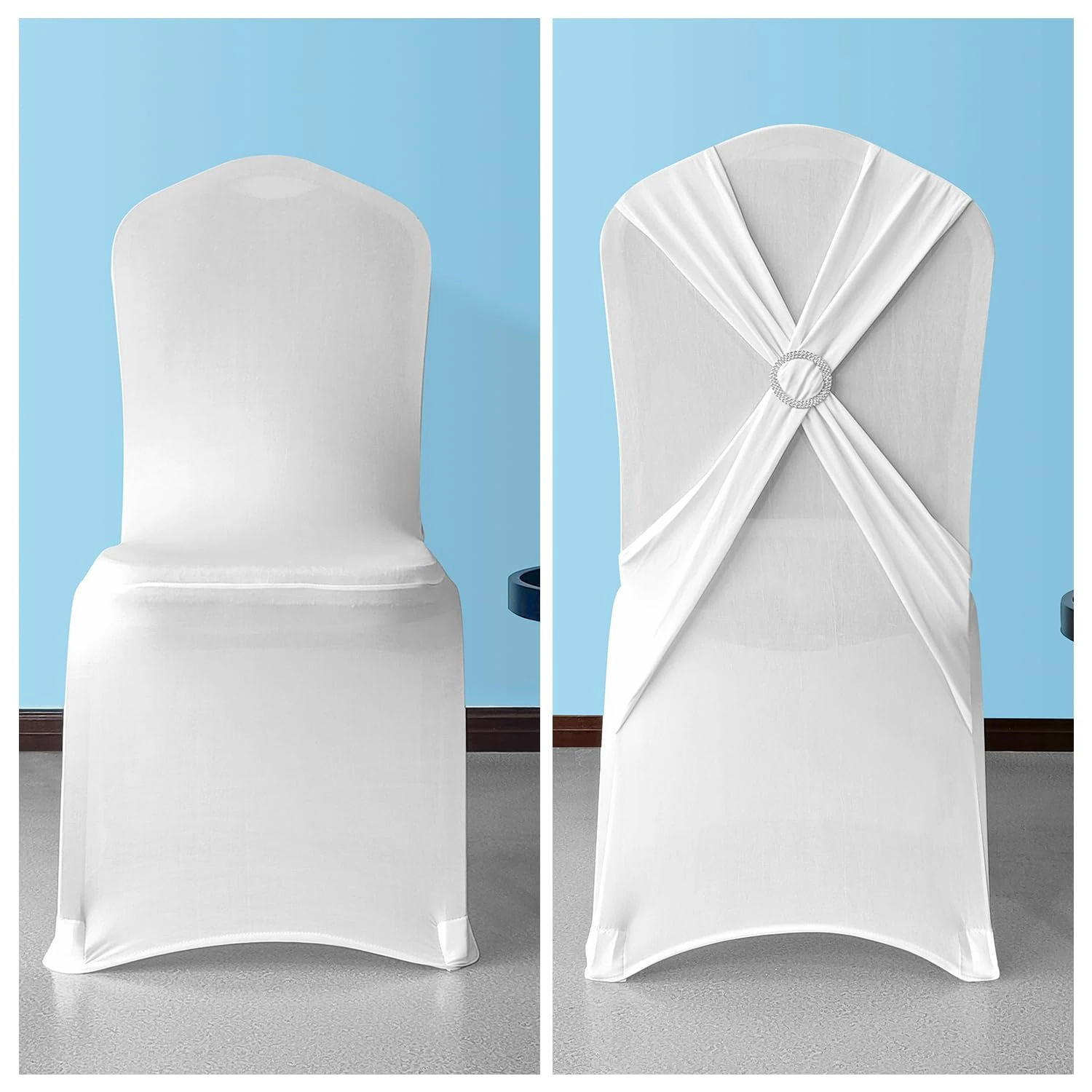 Trimming Shop White Chair Cover Spandex Polyester Stretch Fabric Dining Slipcovers with Band Washable & Removable Protective Wedding Chair Cover for Banquets Ceremony & Hotel Dinner (Pack of 100)