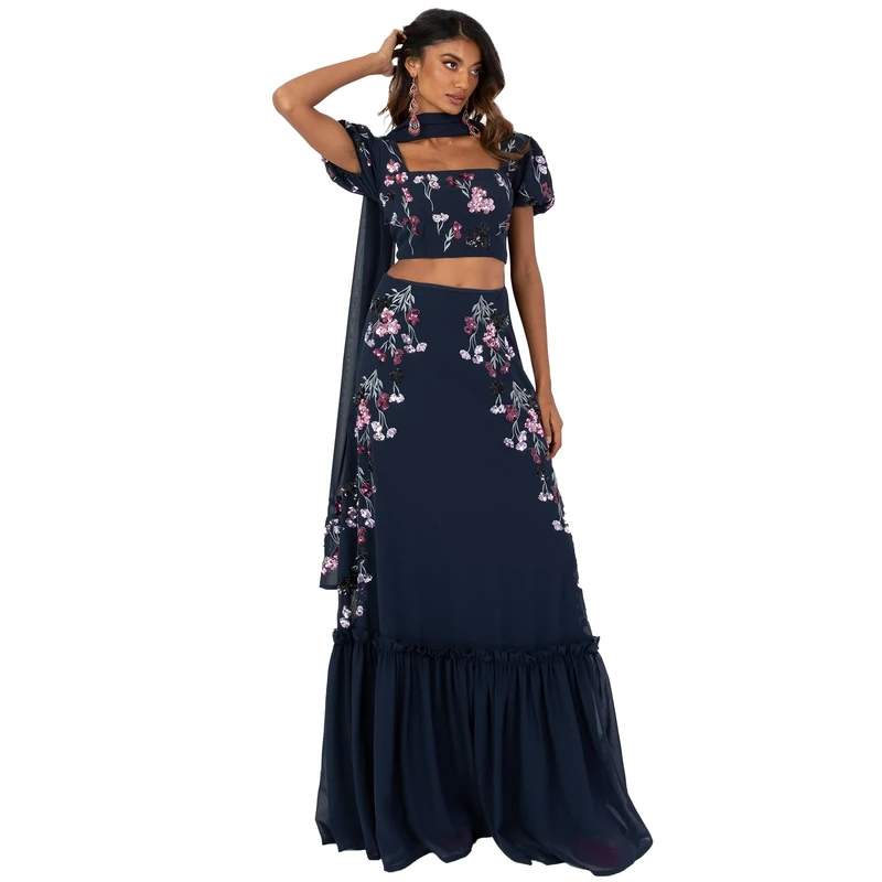 Maya Deluxe Indian Traditional Dress for Women Outfit Lengha Choli Lehenga Saree Skirt and Top Dupatta Coord Set for Wedding Guest Navy Flowers Size 10