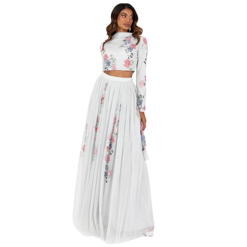 Maya Deluxe Indian Traditional Dress for Women Outfit Lengha Choli Lehenga Saree Skirt and Top Dupatta Coord Set for Wedding Guest Lengha, Grey Flowers, 14 - Image 1
