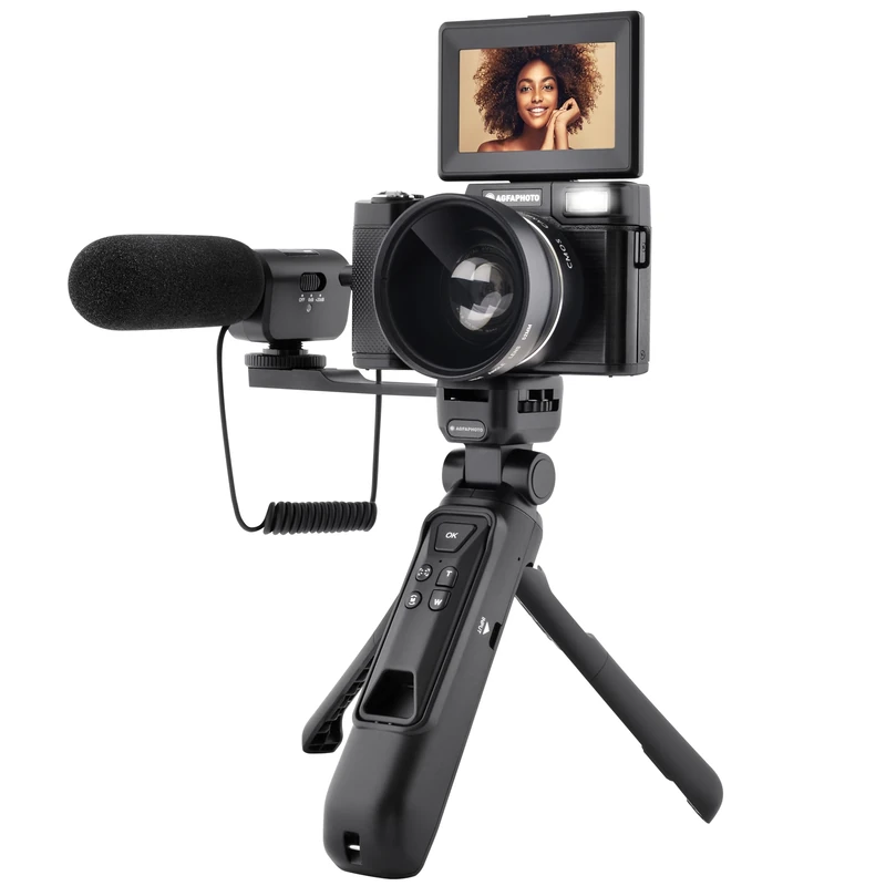 AGFA PHOTO Realishot VLG-4K Kit Vlogging - Caméra 24MP, Vidéo 4K, Ecran LCD 3’’, Zoom Numérique 16X, Capteur CMOS, Batterie Lithium - Noir
