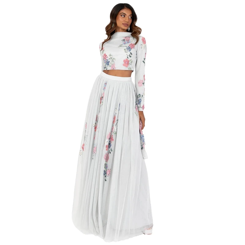 Maya Deluxe Indian Traditional Dress for Women Outfit Lengha Choli Lehenga Saree Skirt and Top Dupatta Coord Set for Wedding Guest Grey Embrioreded Flowers Size 12