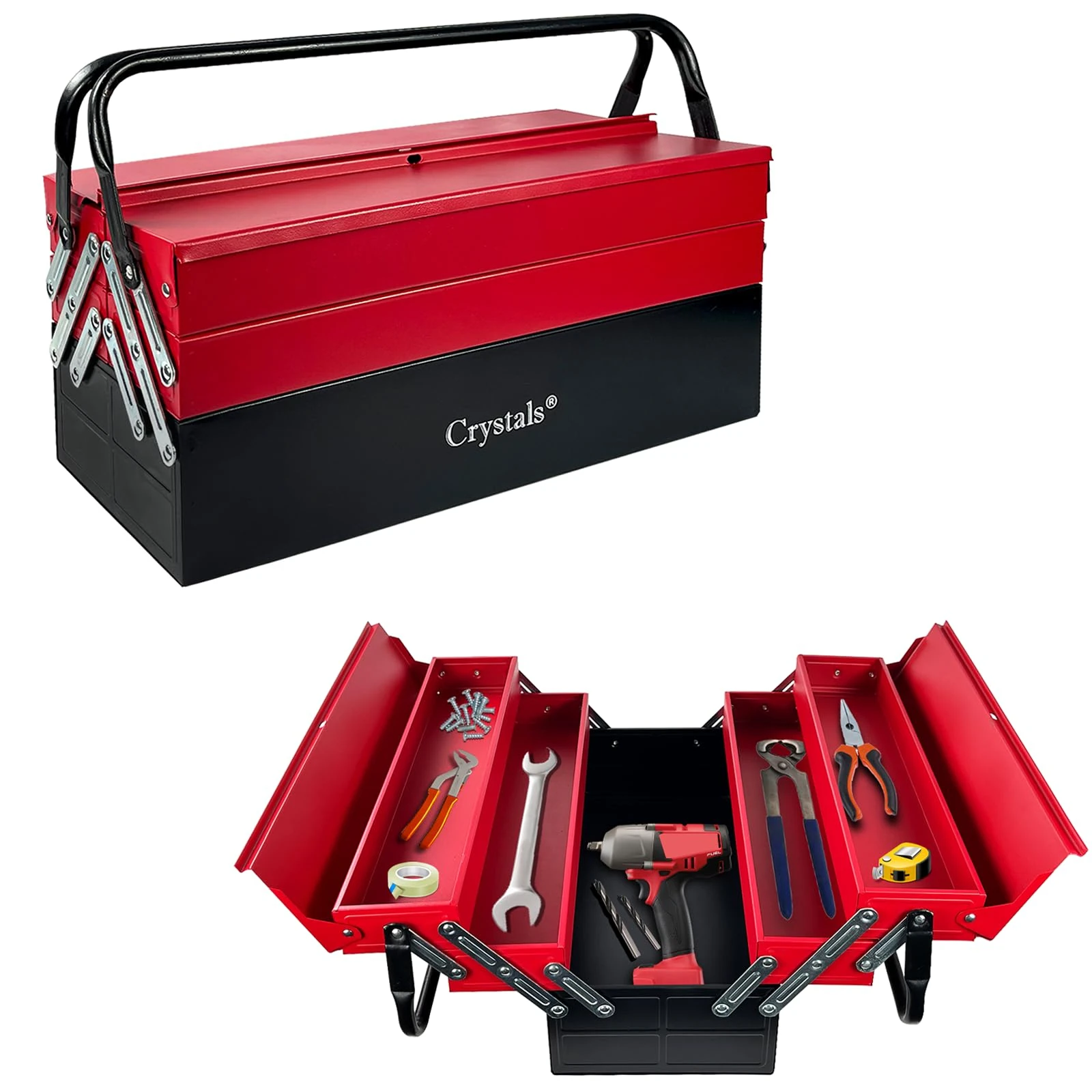 Crystals 3 Tiers - 5 Trays Metal Tool Box, Cantilever Organiser Storage Box for Garage Home Tools, Toolbox - Red (47 x 32 x 20cm)
