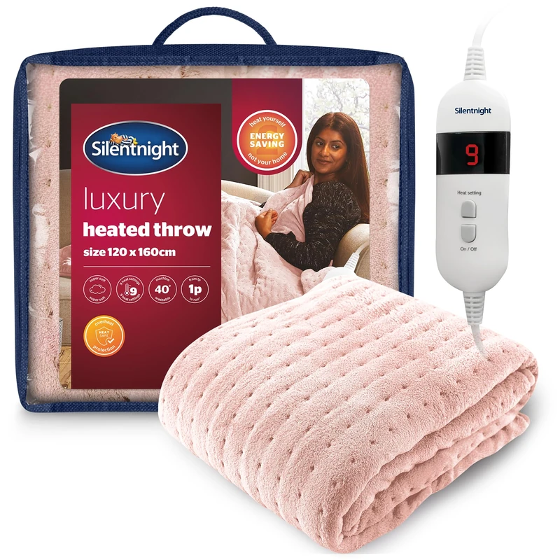 Silentnight Comfort Control Heated Throw Blanket - Luxury Fleece Electric Heated Overblanket for Sofa Bed with 9 Heat Settings, Fast Heat-up and Safety Shut Off - Machine Washable - 120x160cm - Blush