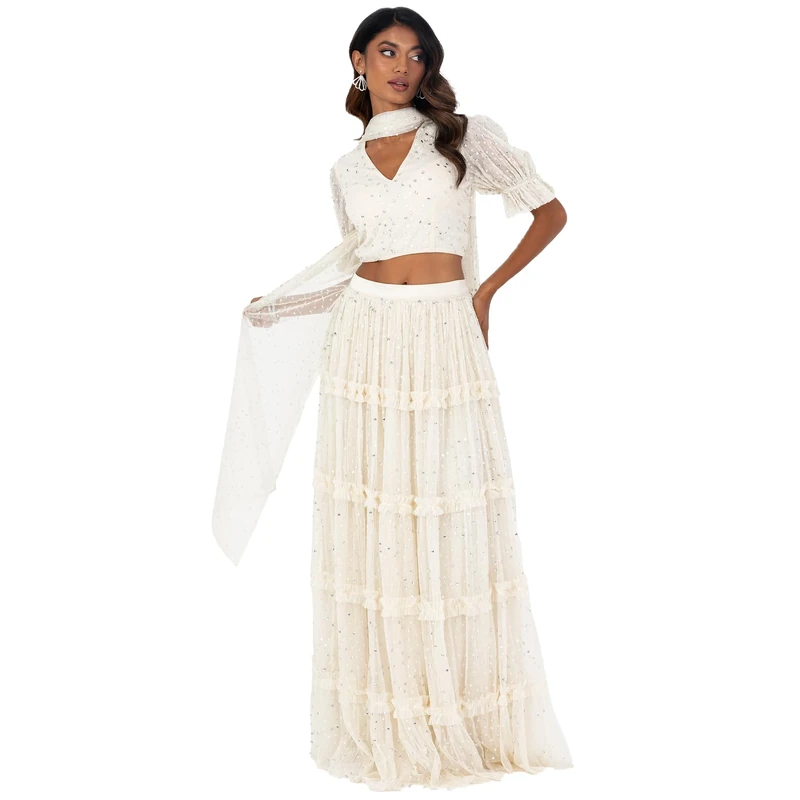Maya Deluxe Indian Traditional Dress for Women Outfit Lengha Choli Lehenga Saree Skirt and Top Dupatta Coord Set for Wedding Guest Lengha, Cream Silver, 8