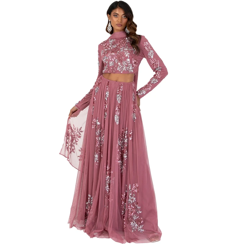 Maya Deluxe Indian Traditional Dress for Women Outfit Lengha Choli Lehenga Saree Skirt and Top Dupatta Coord Set for Wedding Guest Pink with Flowers Size 8