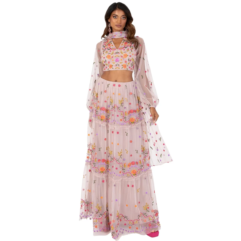 Indian Traditional Dress for Women Outfit Lengha Choli Lehenga Saree Skirt and Top Dupatta Coord Set for Wedding Guest Pink Flowers Size 12