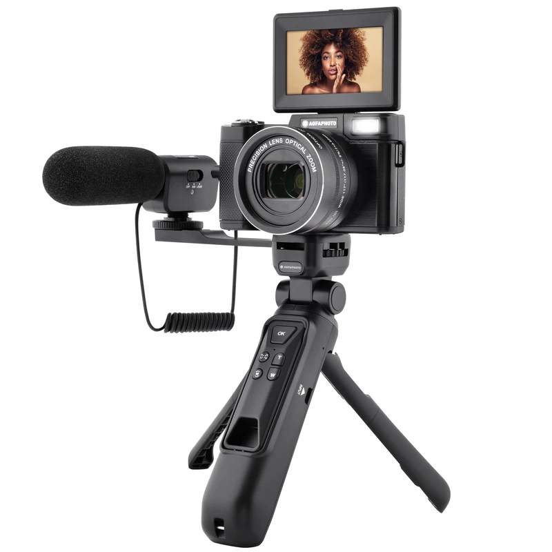 AGFA PHOTO Kit Vlogging Tout-en-Un - Caméra VLG-4K Optical, Zoom Optique 5X, Trépied Powerbank, Télécommande, Microphone, Carte Micro-SD 32Go Inclus, Photo 24MP, Écran LCD 3’’, Batterie Lithium - Noir