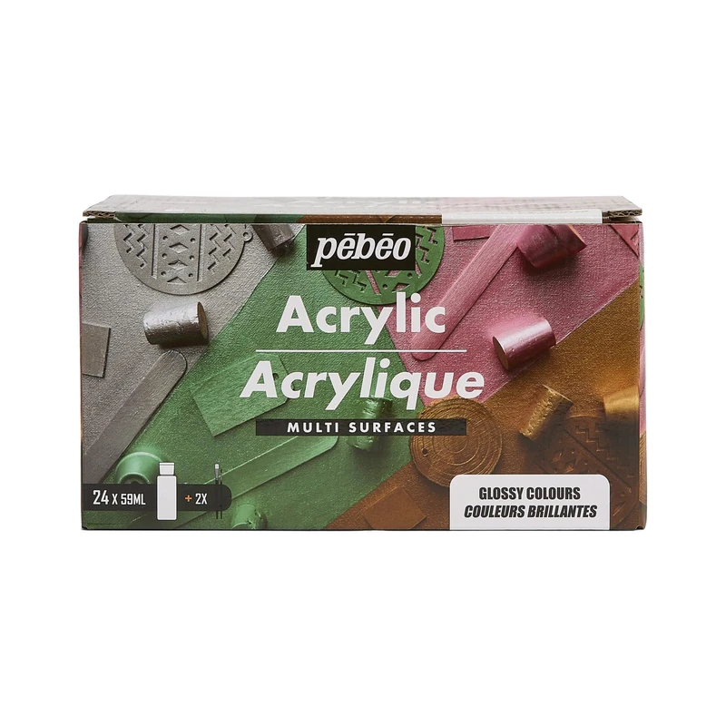Pébéo - Acrylic Multisurfaces - Set 24 Bottles 59ml Brilliant Assorted Colours + Accessories - Acrylic Painting Kit for Artist and Beginner - 2 Brushes - Luminous and Opaque Colours
