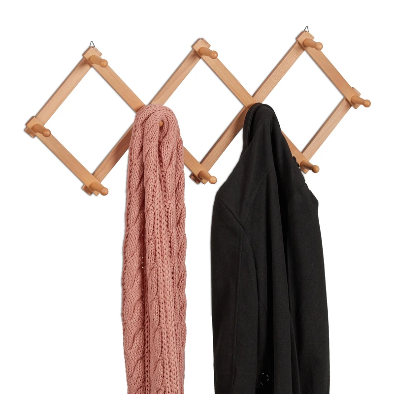 Relaxdays Wall Coat Rack, Wooden, Expandable, 10 Jacket Hooks, Hallway Outerwear Storage, 5.5 x 111 x 7.5 cm, Natural