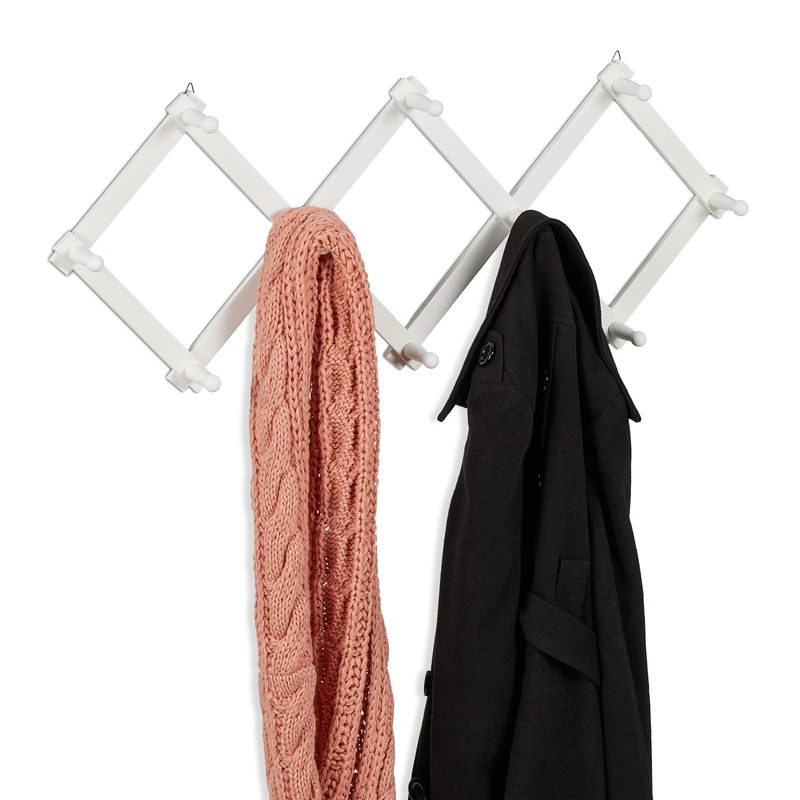 Relaxdays Wall Coat Rack, Wooden, Expandable, 10 Jacket Hooks, Hallway Outerwear Storage, 5.5 x 111 x 7.5 cm, White, Wood