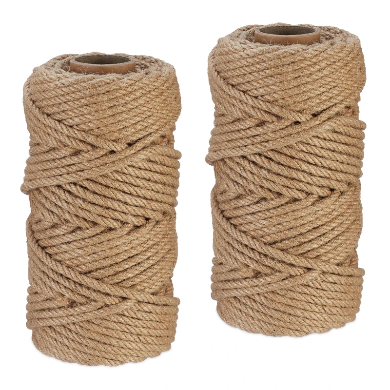 Relaxdays Natural Rope, 2X Set, Jute, Plant, Twine, Handicraft, Garden Decorations, Hessian Thread, 6mm Thick, 50m Long, 20 x 10 cm