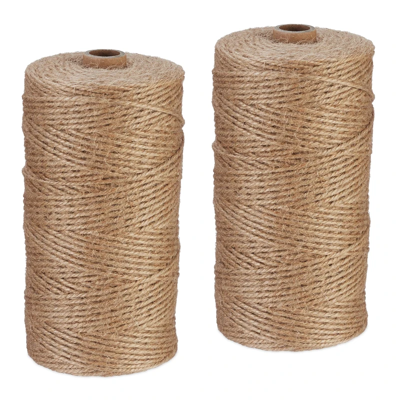 Relaxdays Natural Rope, 2X Set, Jute, Plant, Twine, Handicraft, Garden Decorations, Hessian Thread, 2mm Thick, 250m Long, 15 x 8 cm