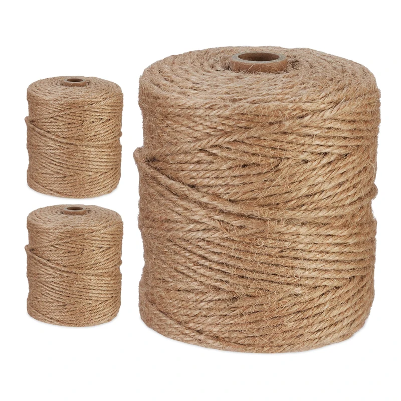 Relaxdays Natural Rope, 3X Set, Jute, Plant, Twine, Handicraft, Garden Decorations, Hessian Thread, 3mm Thick, 100m Long, 10 x 9 cm