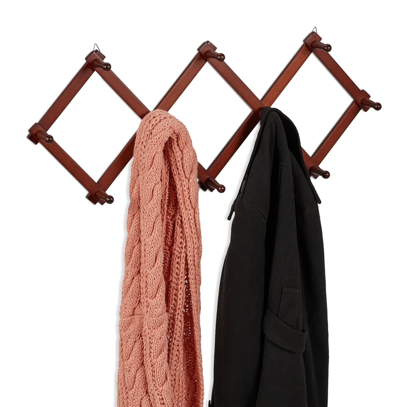Relaxdays Wall Coat Rack, Wooden, Expandable, 10 Jacket Hooks, Hallway Outerwear Storage, 5.5 x 111 x 7.5 cm, Brown, 100% wood