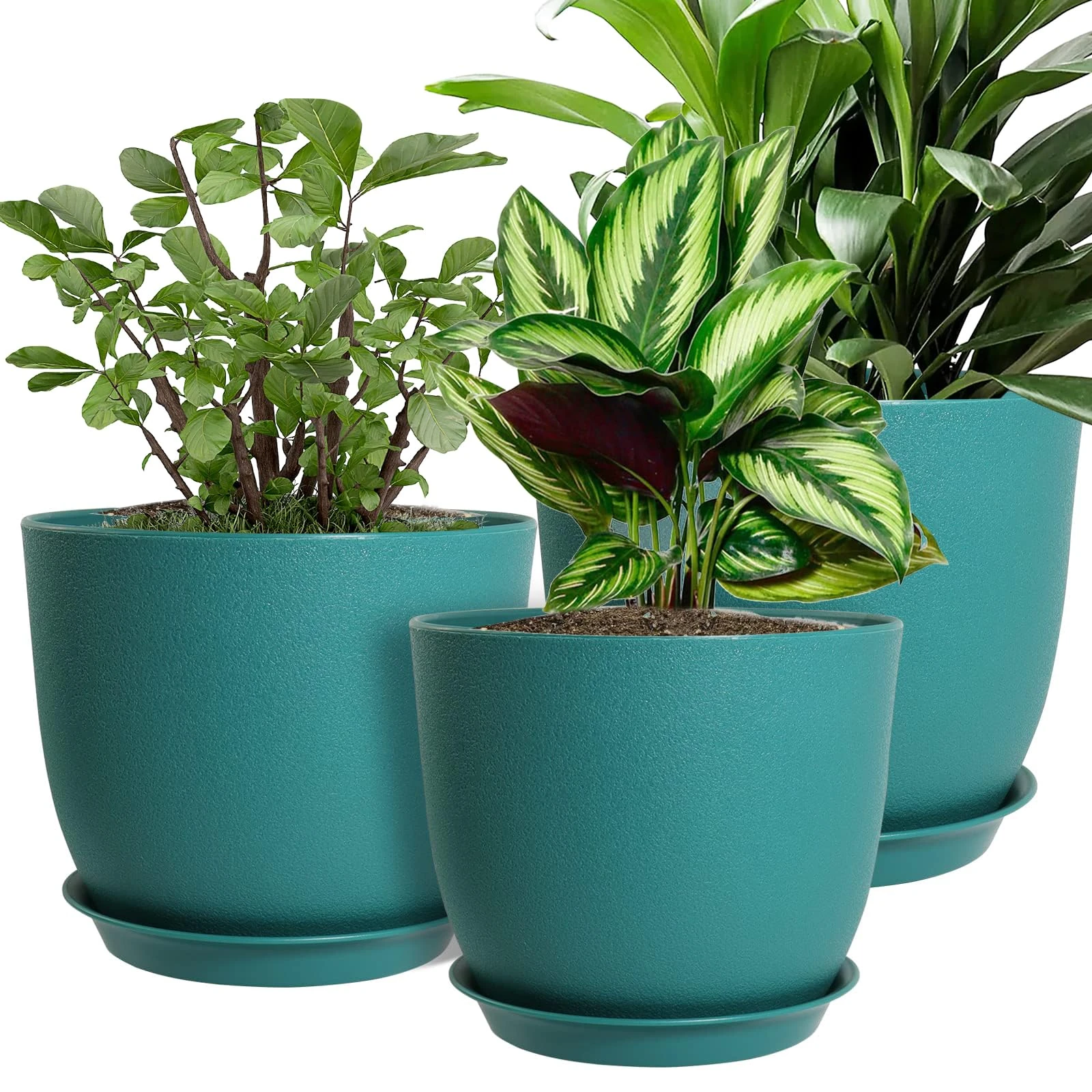 MUAEEOK Plant Pots 25/23/20 cm, Set of 3 Modern Decorative Plastic Planters with Drainage Holes and Saucers for House Plants Indoor Flowers Plants (Myrtle Green)